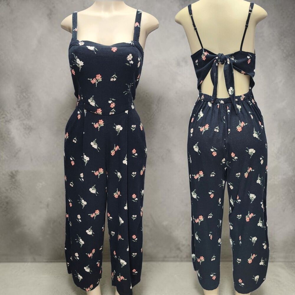 Hollister Capri Jumper Womens Medium Blue Floral Tie Back Wide Leg Cottagecore